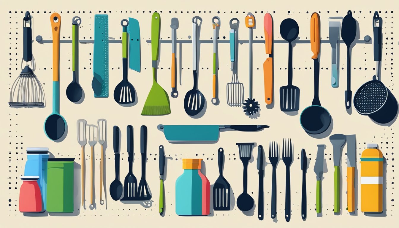 A pegboard with various kitchen tools and utensils neatly organized and hanging in place