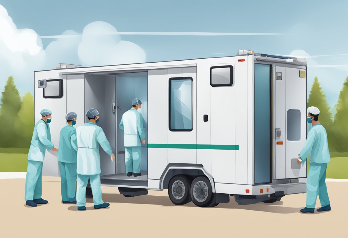 Uma equipe de profissionais médicos especializados transportando uma unidade de UTI móvel