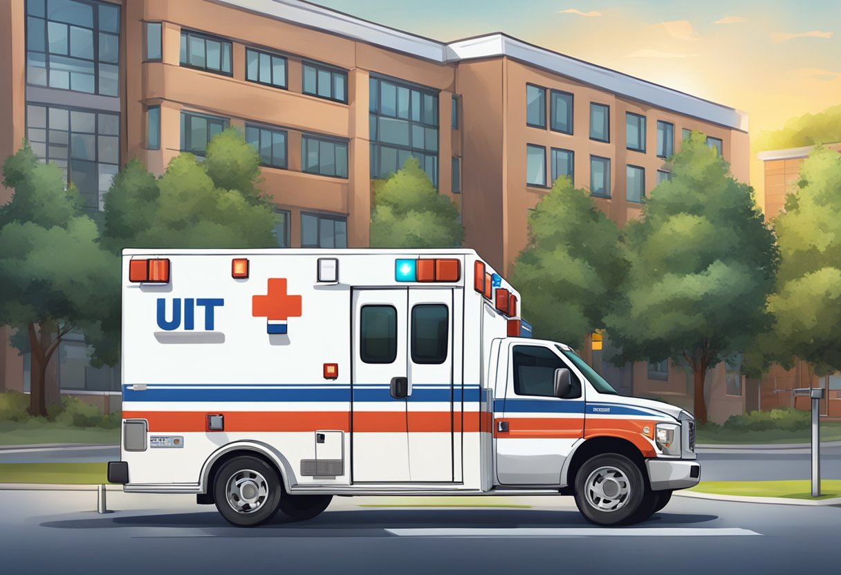 Uma ambulância com luzes piscantes e as letras "UTI" na lateral, estacionada em frente a um hospital.