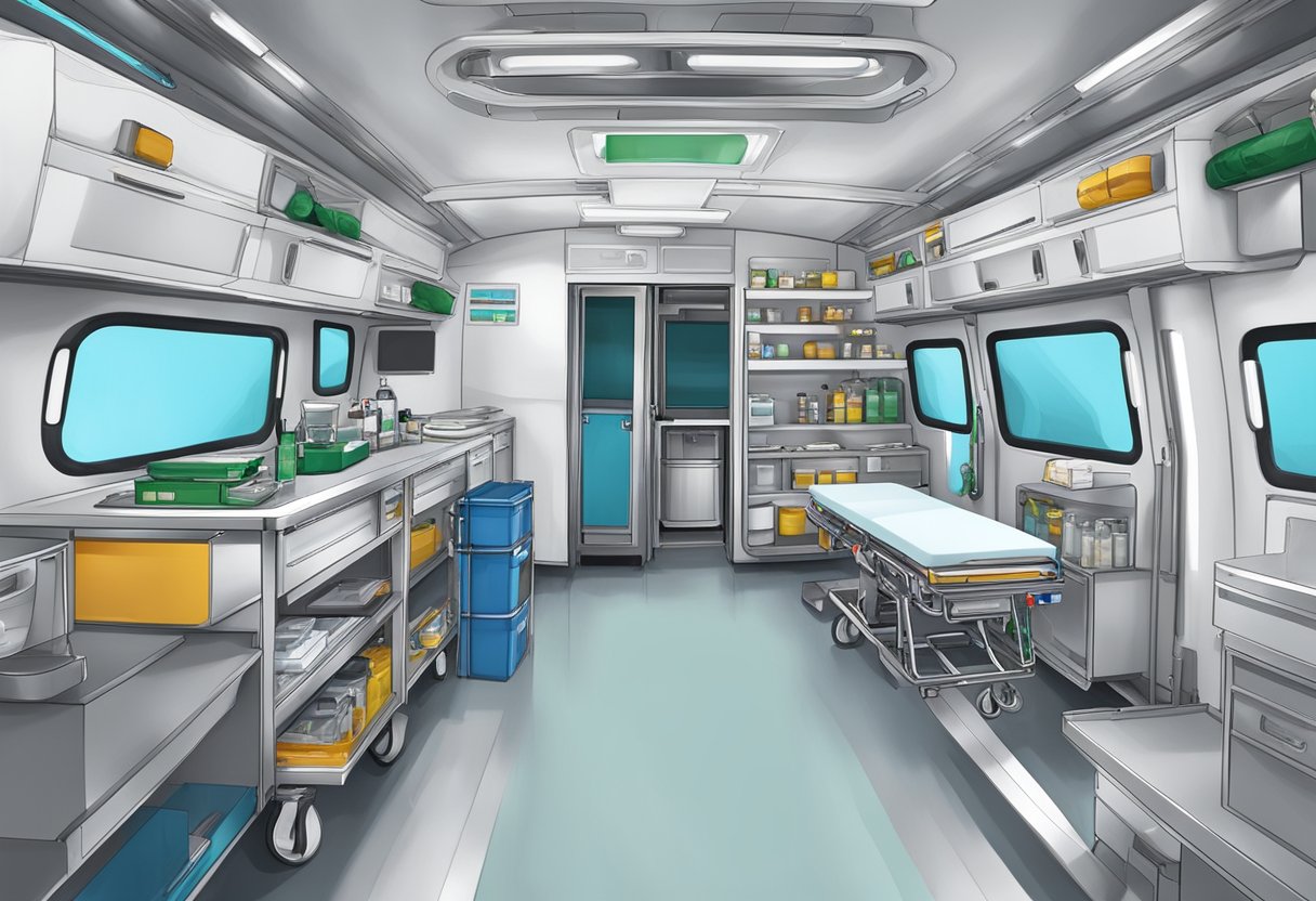 Uma ambulância de UTI móvel sendo atendida e reabastecida com suprimentos e equipamentos médicos de acordo com as melhores práticas e protocolos.