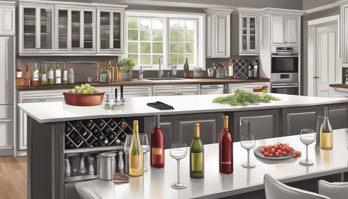 A kitchen counter with a wine cooler filled with red bottles, surrounded by neatly organized wine glasses, napkins, and a wine opener