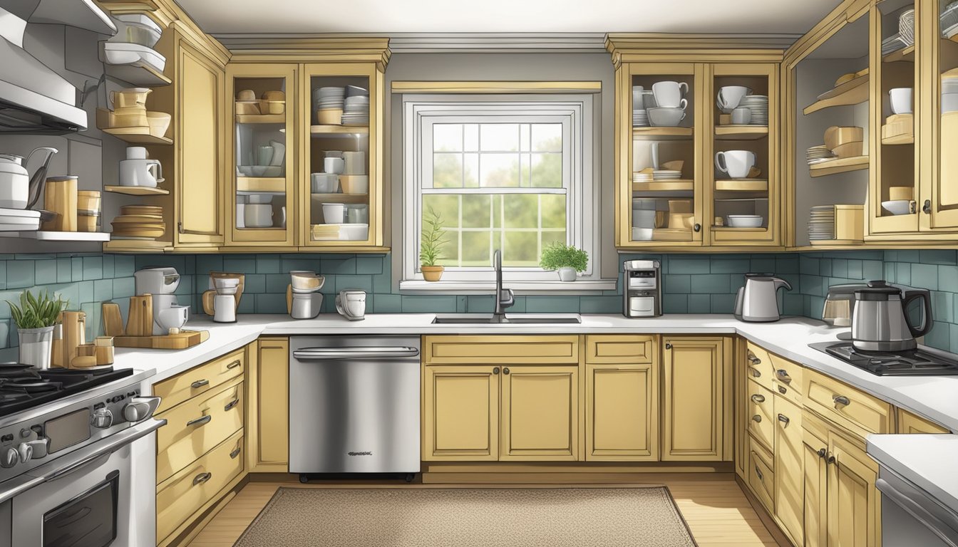 A kitchen with corner shelves holding a variety of coffee mugs in an organized and visually appealing manner