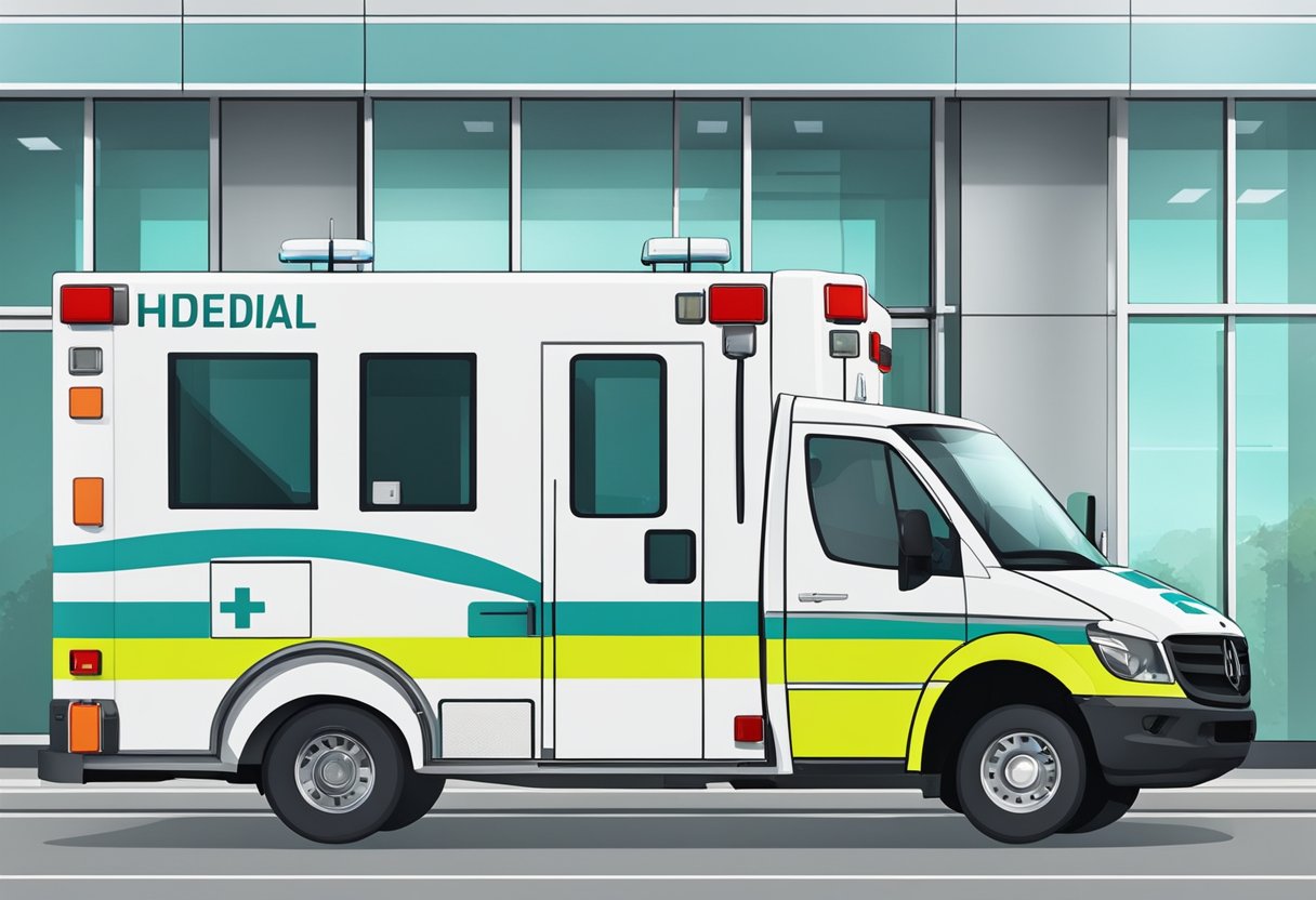 Uma ambulância moderna estacionada do lado de fora de um hospital, com equipe médica e equipamentos visíveis através das portas abertas.