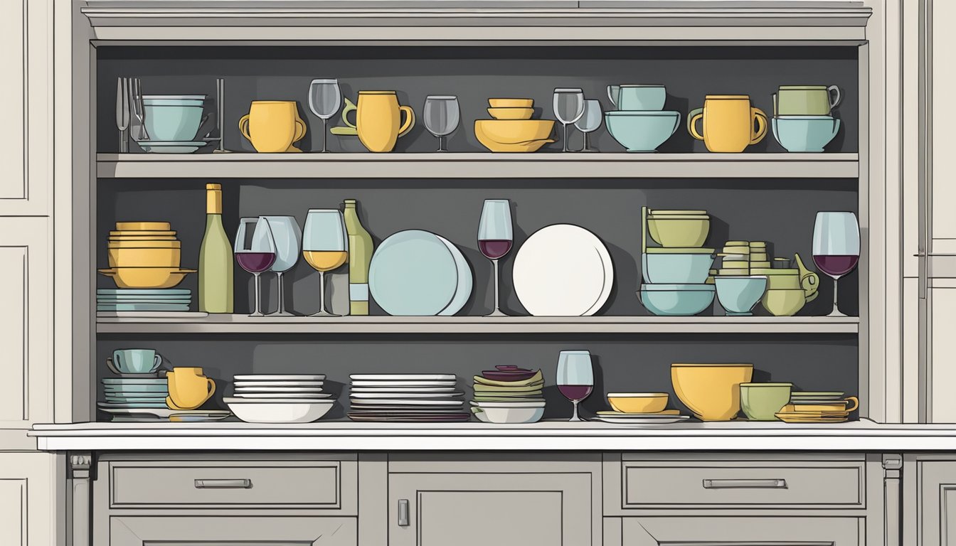 Cabinets labeled with wine glasses, plates, and utensils. Wine bottles organized by type and paired with corresponding dishes