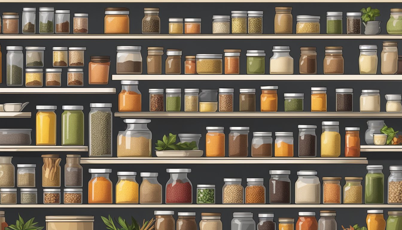 Tiered jars of various spices neatly arranged on corner shelves in a well-organized kitchen