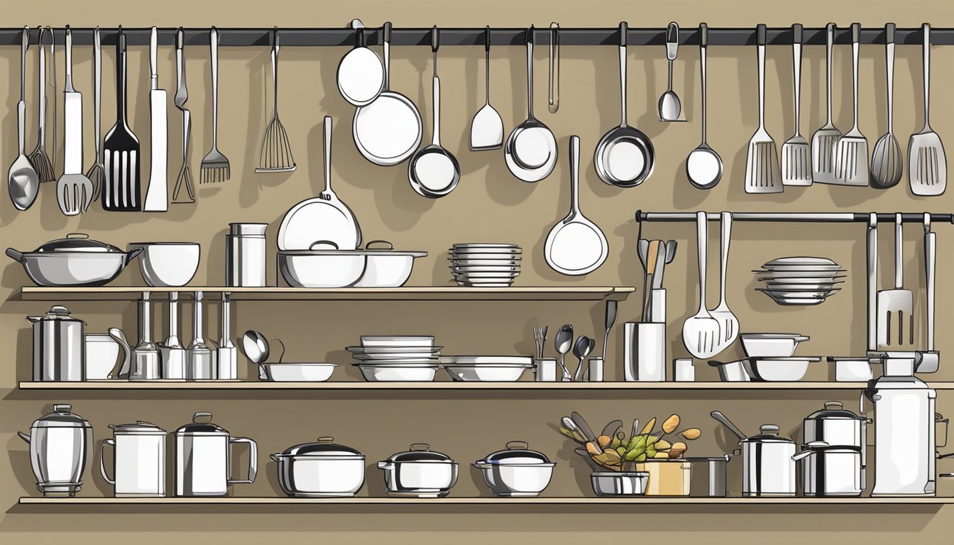 The kitchen counter displays neatly organized utensils for cooking, serving, and wine pairing. Each group of items is clearly separated and ready for use