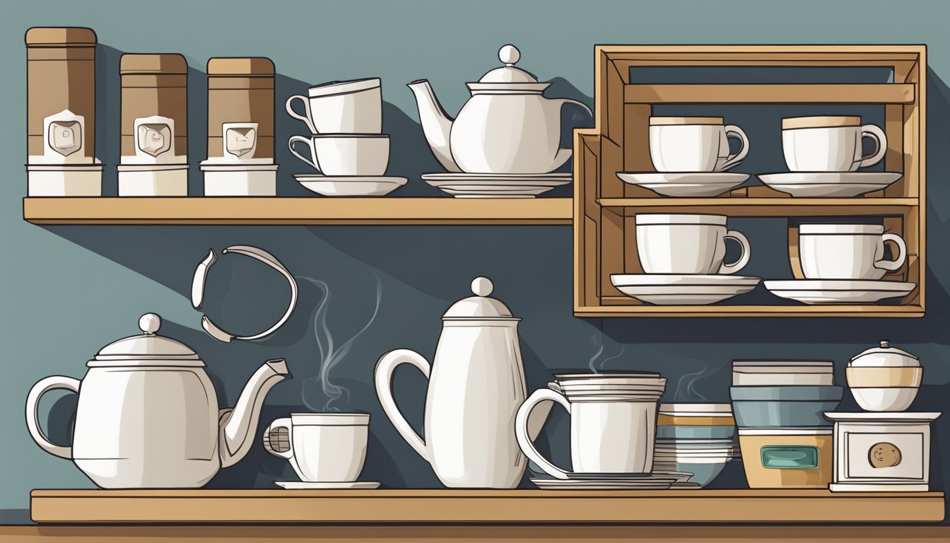 A corner kitchen shelf filled with neatly organized tea and coffee supplies, including mugs, tea bags, and a kettle