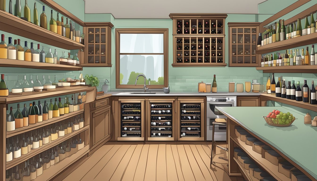 A well-organized kitchen with neatly arranged wine glasses, a variety of wine bottles, and labeled shelves for easy access