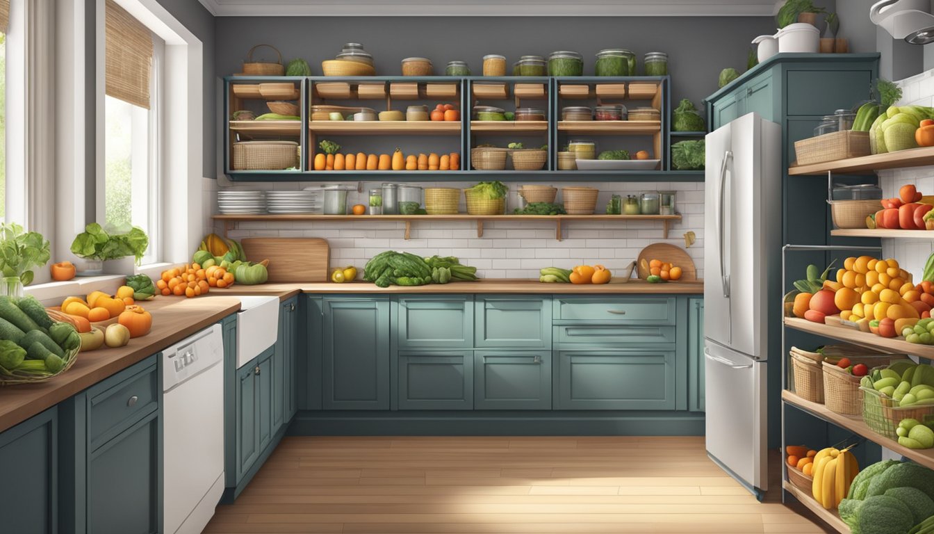 A kitchen with corner shelves filled with various fruits and vegetables, neatly organized in baskets and containers