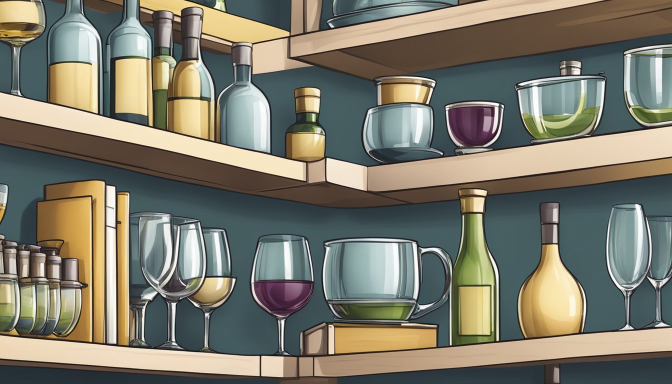 Corner shelves filled with neatly arranged wine glasses and kitchen supplies for organization