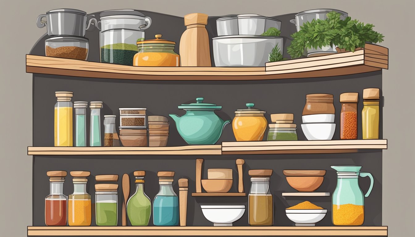 Corner shelves hold cutting boards, pots, pans, and utensils. Spices, oils, and condiments neatly arranged. A tidy, organized kitchen