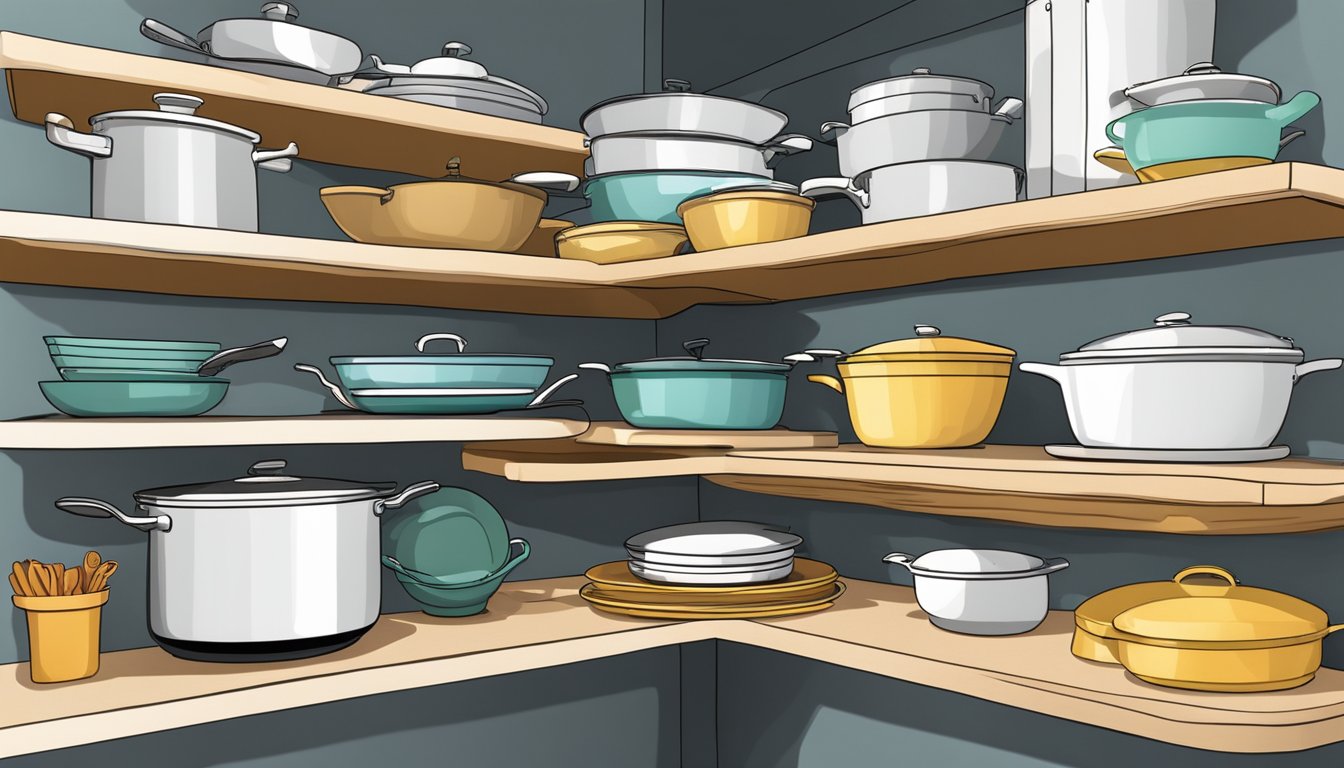 Corner shelves hold various cookware lids, neatly organized and easily accessible. Other kitchen items such as cutting boards and small appliances are also stored on the shelves for efficient use of space