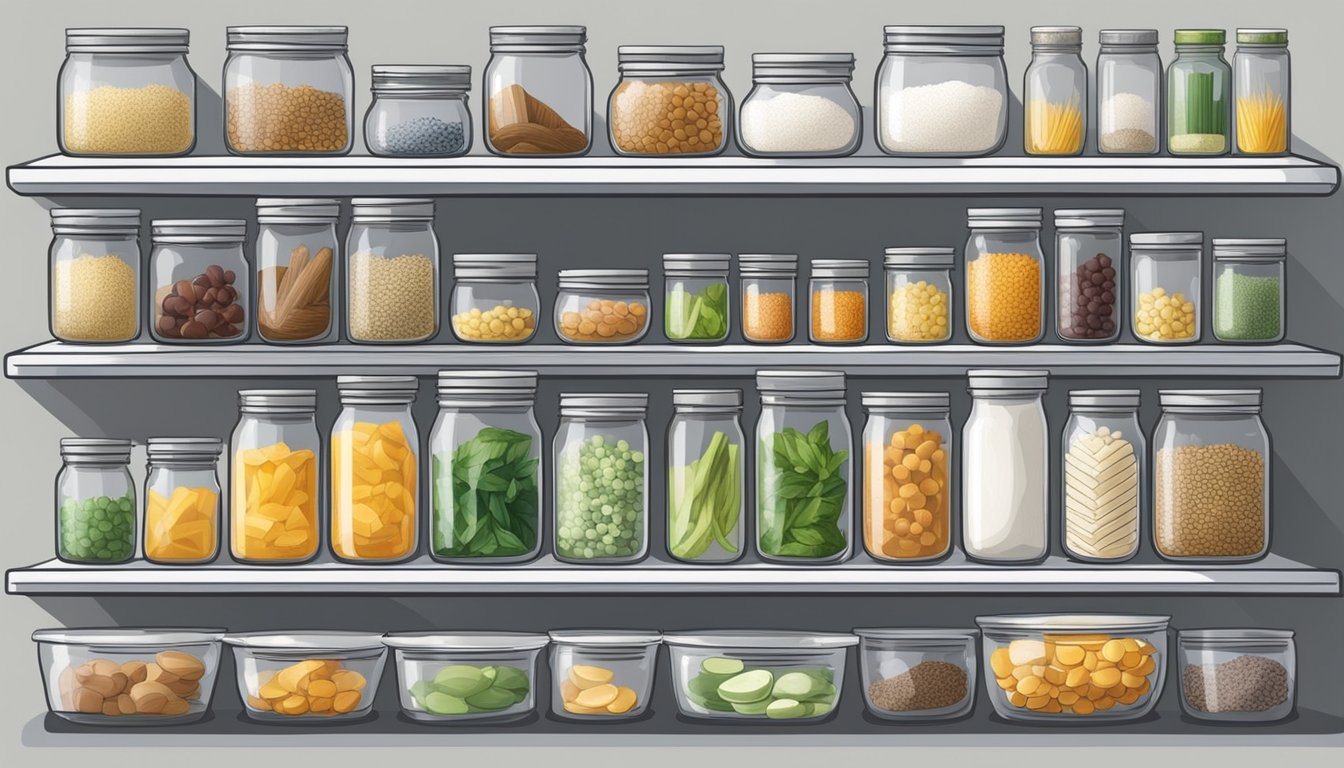 Clear containers neatly arranged on shelves, filled with labeled ingredients and ready for use. A well-organized kitchen counter with labeled jars and baskets for easy access