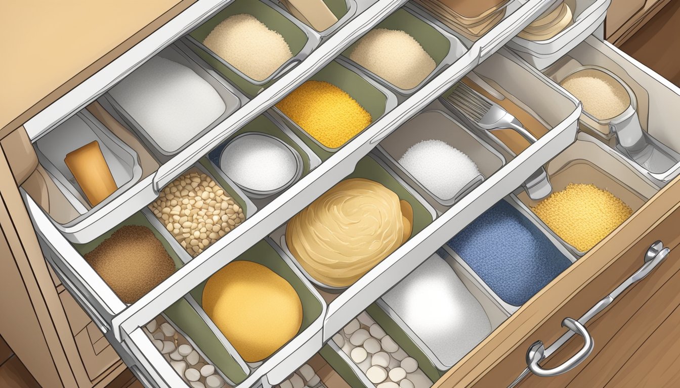 Drawer dividers neatly organize baking supplies in a kitchen drawer. Flour, sugar, and other ingredients are separated and labeled for easy access