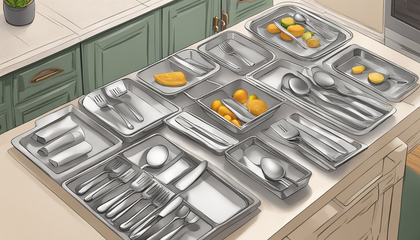 Serving utensils laid out neatly on a countertop with labeled compartments for quick access during a dinner party potluck