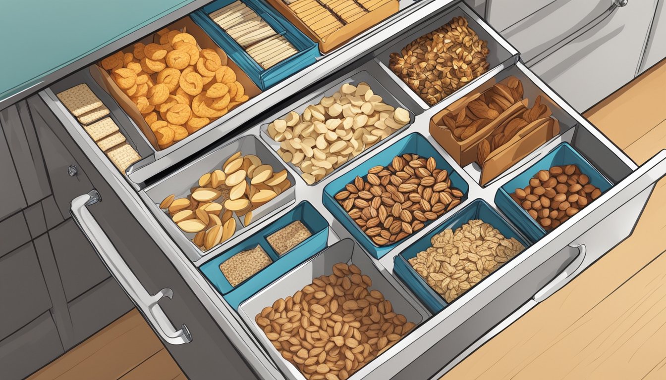 A kitchen drawer divided into 10 sections, each holding a different type of snack, such as nuts, chips, cookies, and granola bars