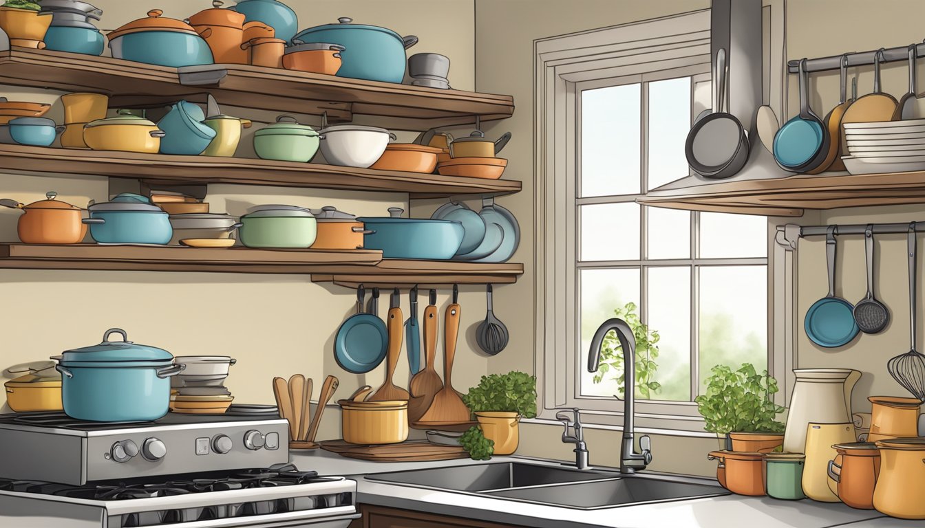 A kitchen with corner shelves filled with organized pots, pans, and cooking utensils