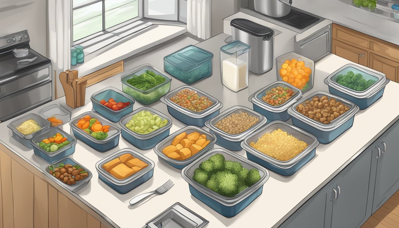 A well-organized kitchen with labeled containers, a designated potluck area, neatly arranged serving dishes, and a clear countertop for meal prep