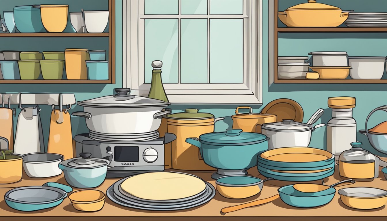 Similar kitchen items grouped together: plates, utensils, crepe ingredients, and cookware neatly organized on countertops and shelves for a dinner party with a crepe maker