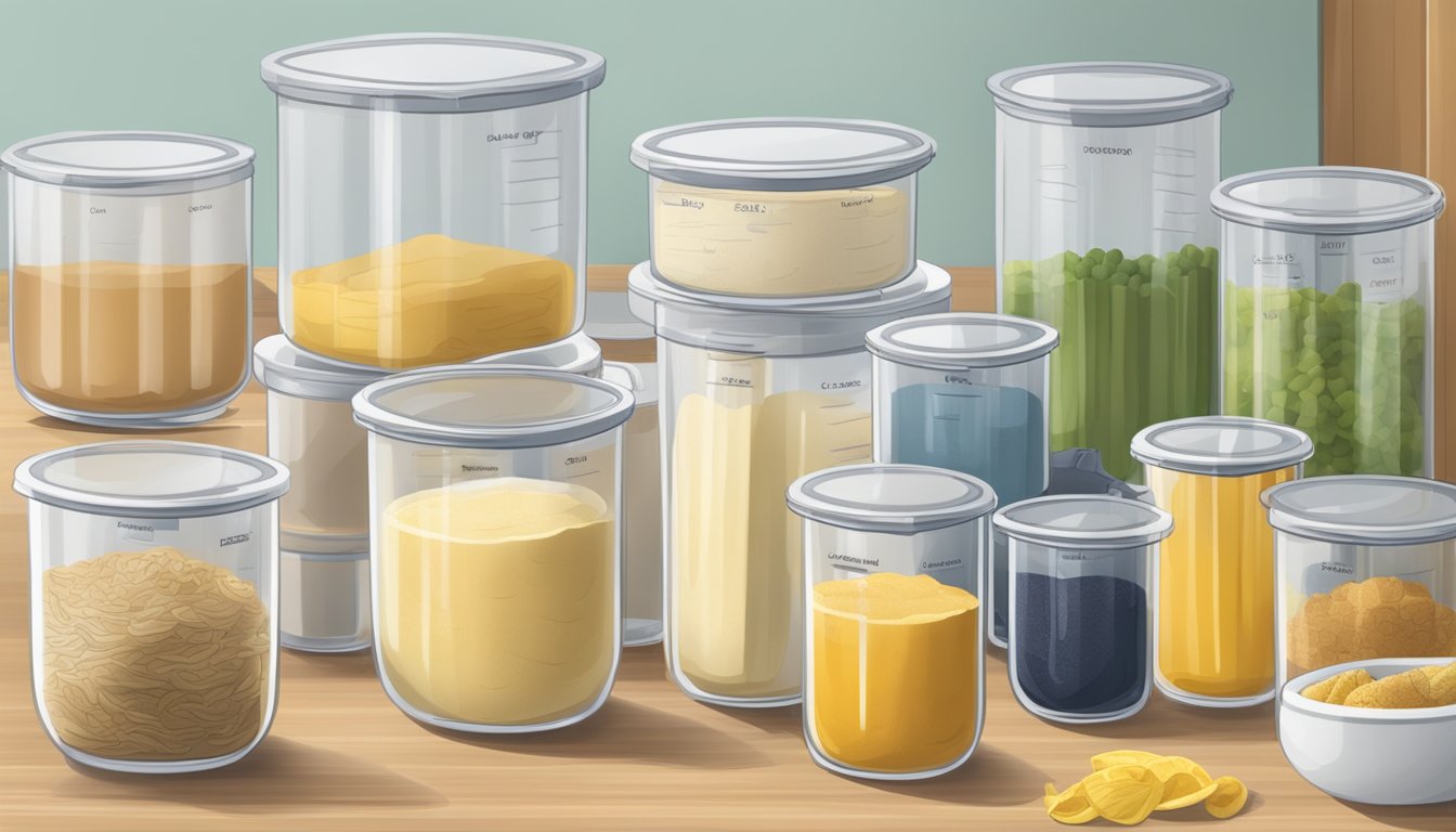 Clear containers neatly arranged with labeled ingredients on a kitchen counter, alongside a crepe maker and utensils