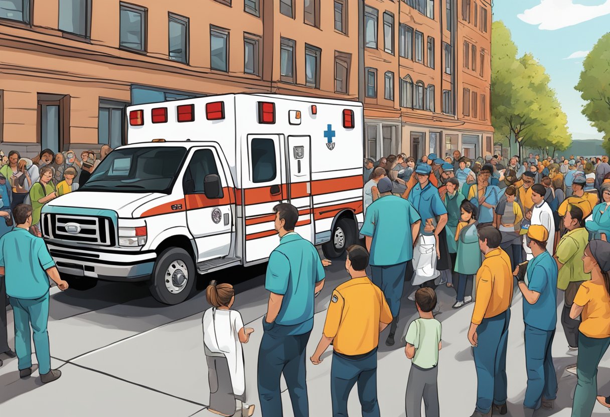 Uma ambulância estacionada em um evento lotado, com paramédicos atendendo a um paciente enquanto outros observam com preocupação.