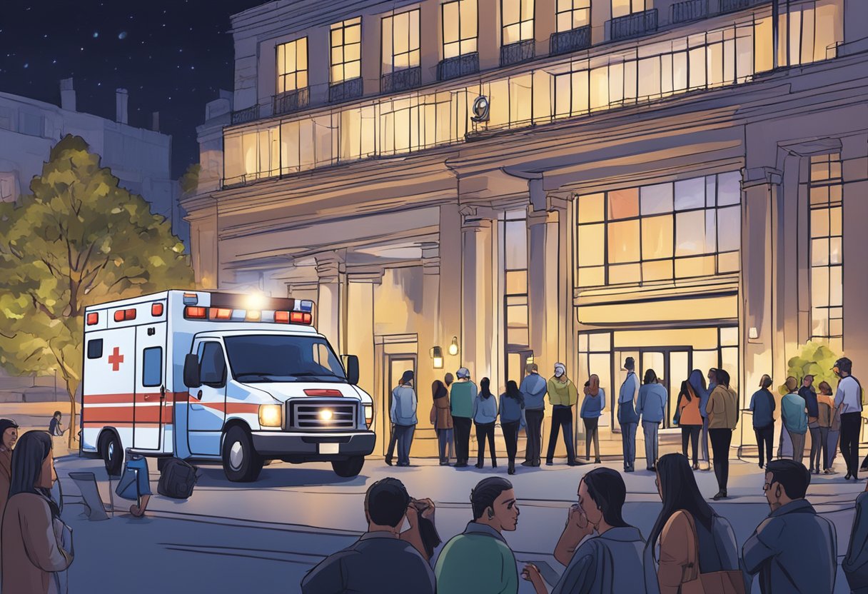 Uma ambulância estacionada do lado de fora de um local de evento com luzes piscando, cercada por um grupo de pessoas discutindo custos de aluguel e fatores determinantes.