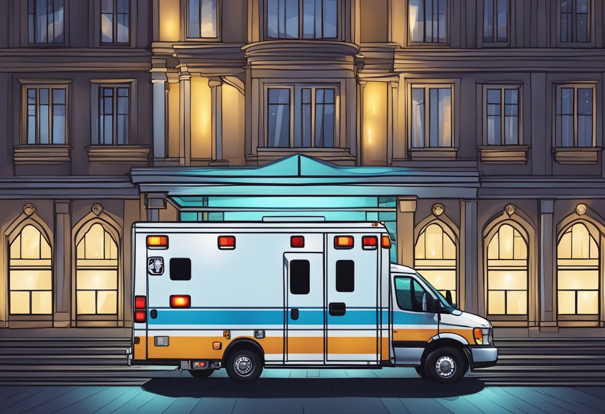 Uma ambulância estacionada do lado de fora de um local de evento, com suas luzes piscando e equipamentos médicos visíveis através das janelas.