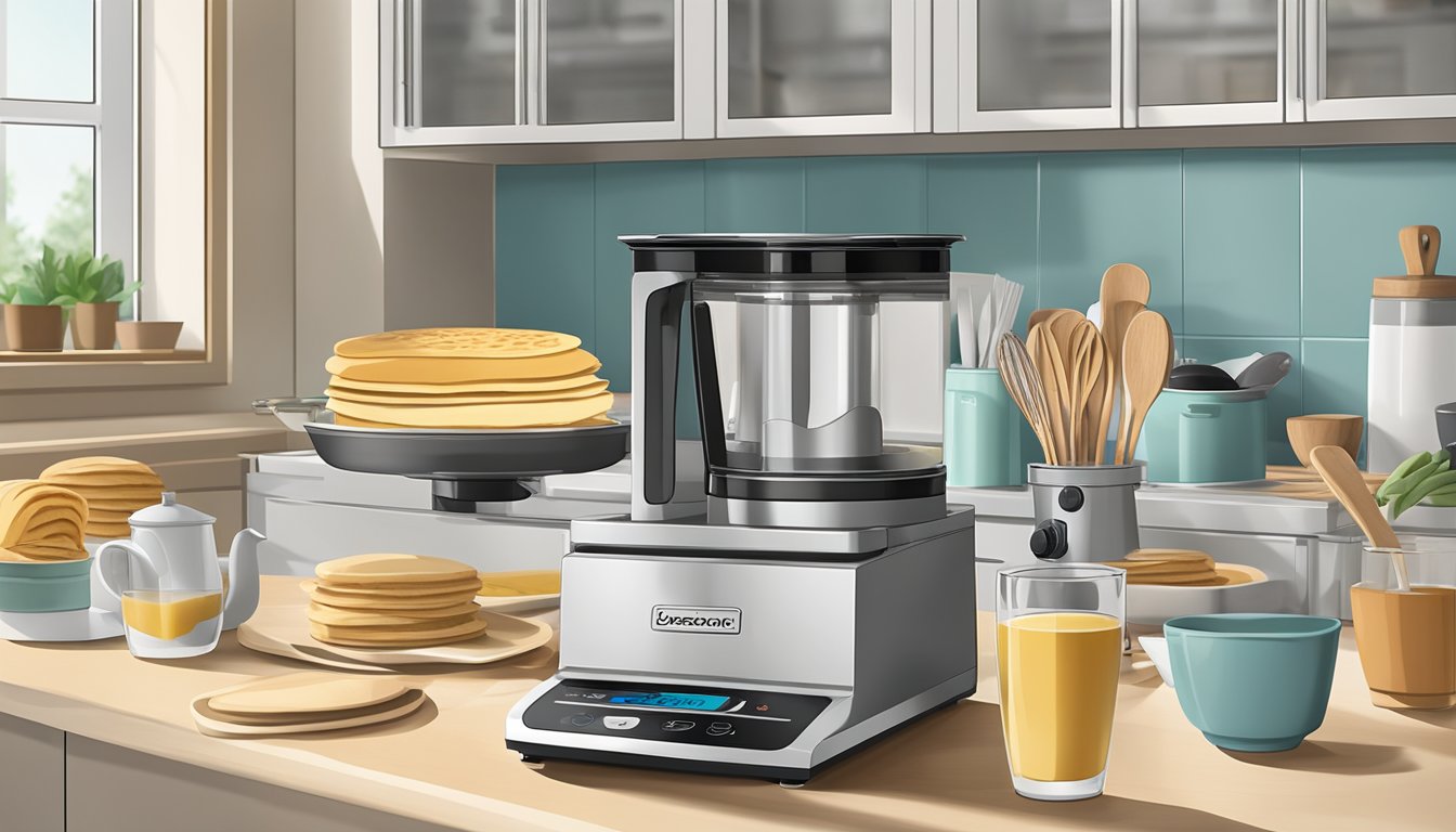 Utensils neatly grouped by function on a clean, organized kitchen counter, with a crepe maker as the centerpiece