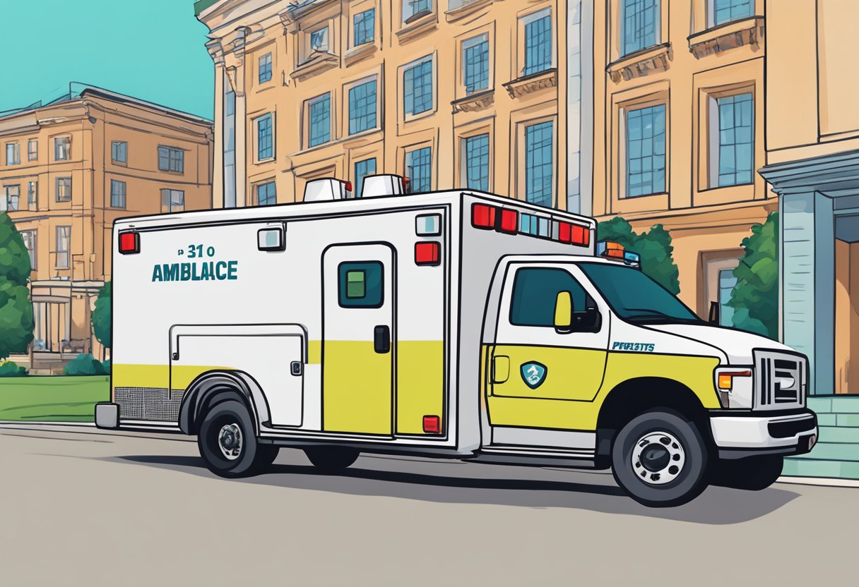 Uma ambulância estacionada do lado de fora de um local de evento com uma tabela de preços exibida em um suporte ao lado.