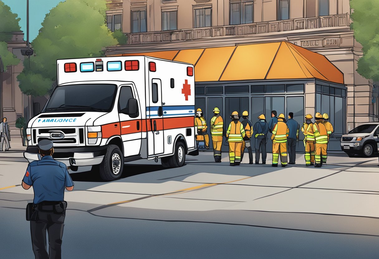 Uma ambulância estacionada do lado de fora de um local de evento, com paramédicos à disposição e as luzes do veículo piscando