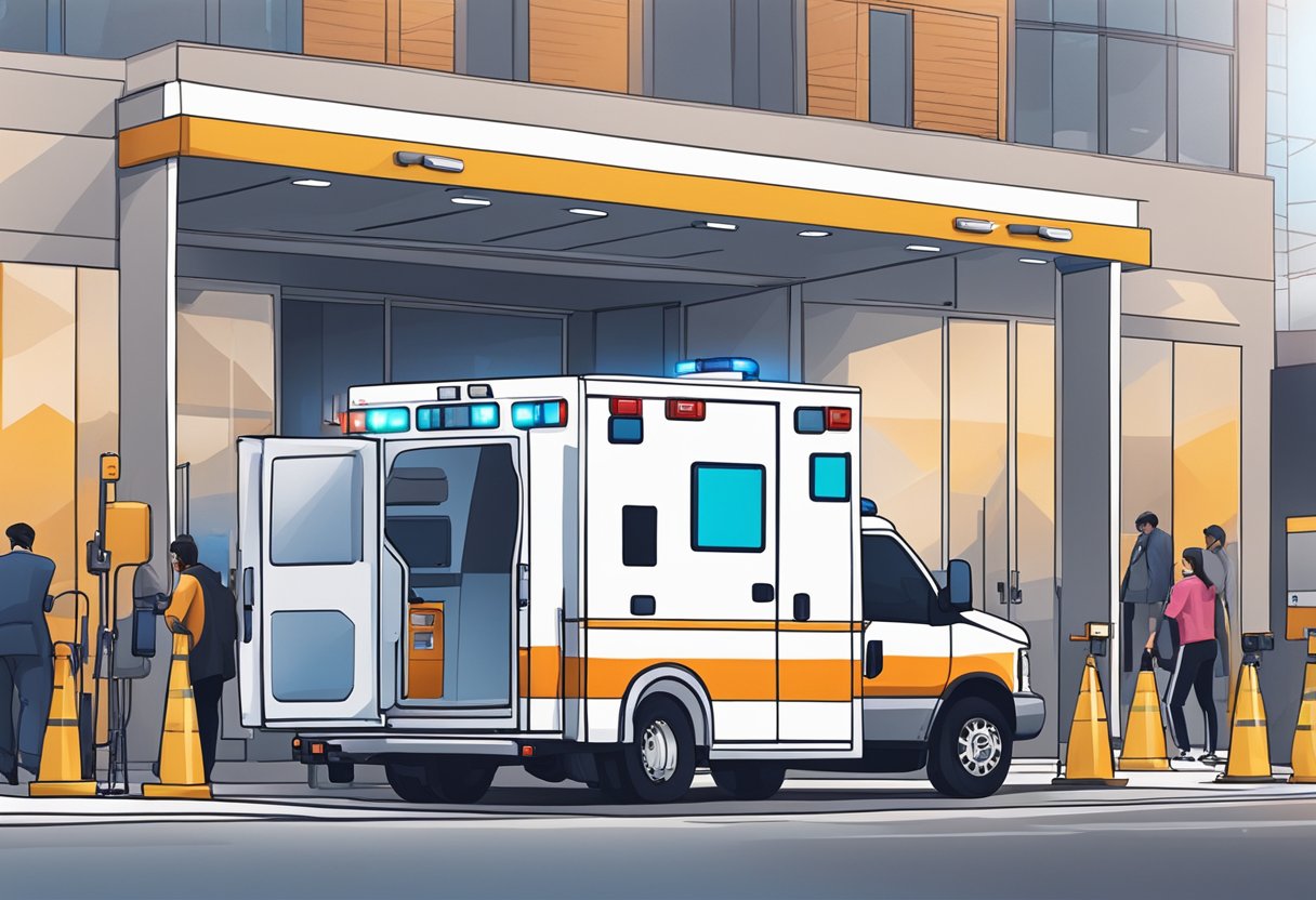 Uma ambulância estacionada do lado de fora de um local de evento, com equipamentos e tecnologia médica de emergência visíveis através das portas traseiras abertas.