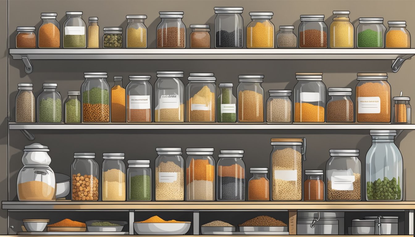 Glass jars neatly arranged on shelves, labeled with various spices. A pizza oven in the background, with organized kitchen tools nearby