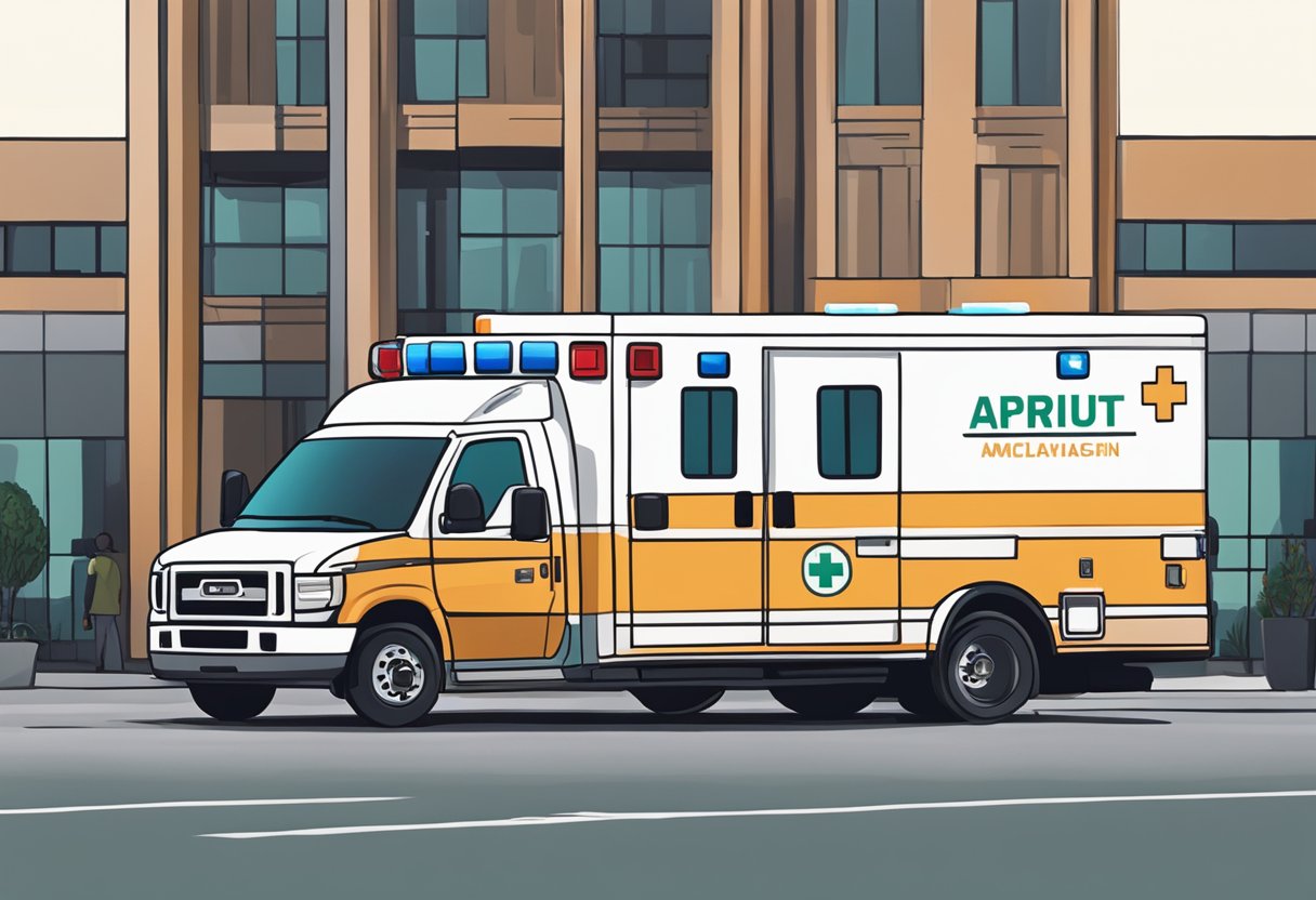 Uma ambulância estacionada do lado de fora de um local de evento, com paramédicos de prontidão, prontos para fornecer assistência médica.