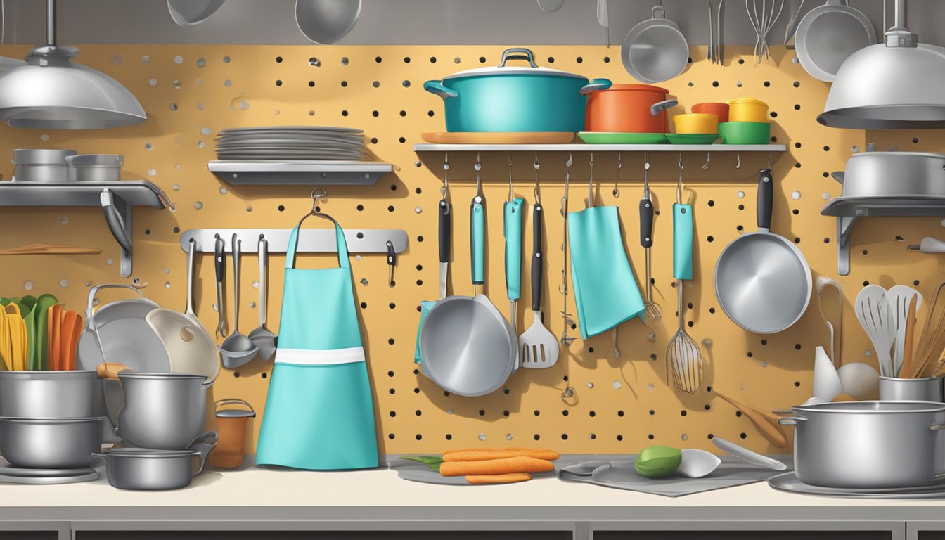 A pegboard with various hooks holding aprons and chef hats in a kitchen setting