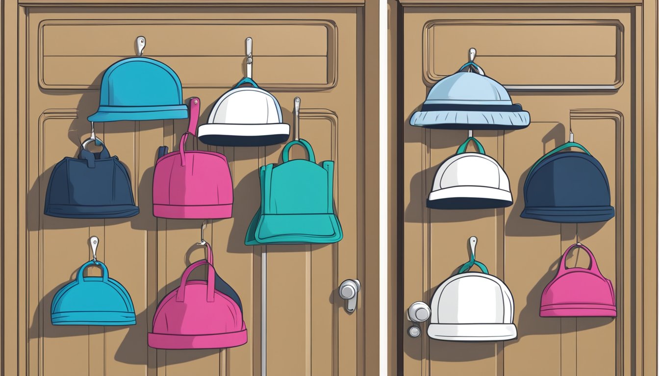 A shoe organizer filled with neatly arranged aprons and chef hats hanging over a door