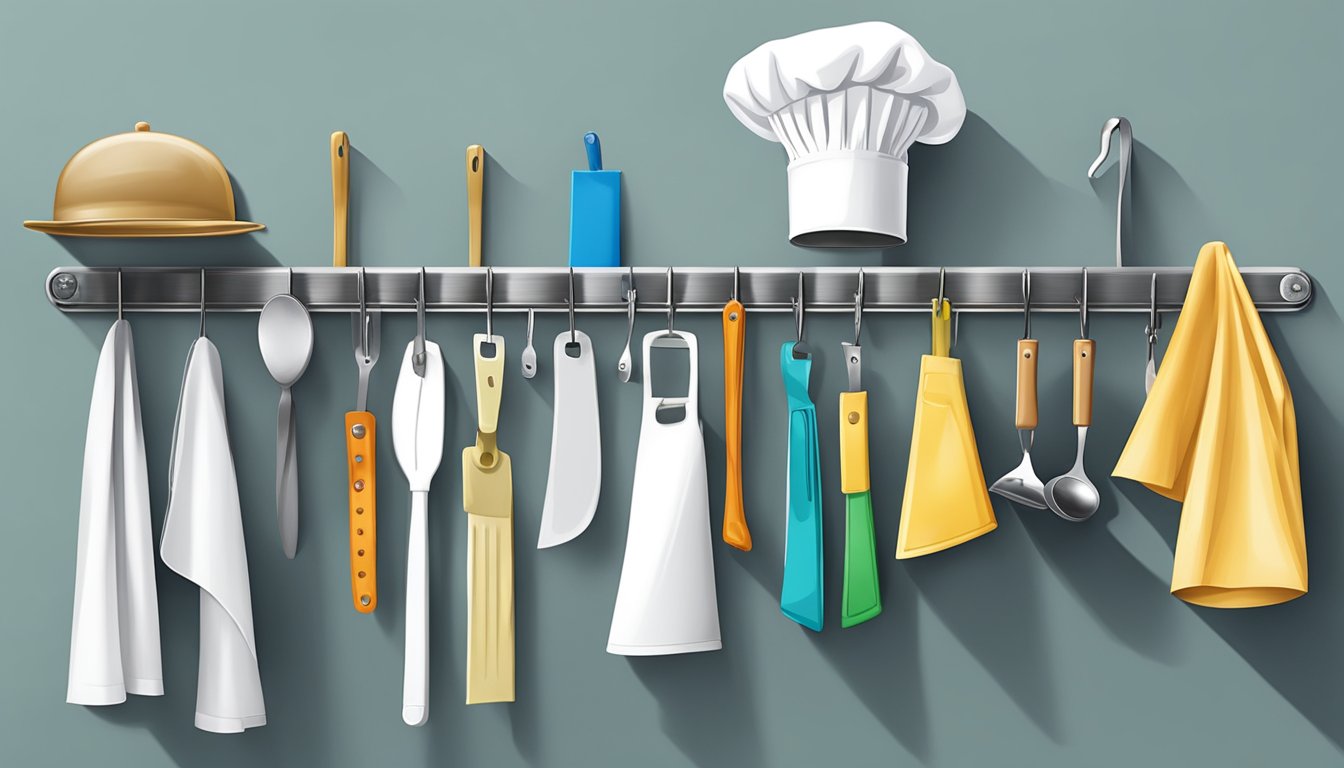 Metal hooks arranged on a magnetic strip, holding aprons and chef hats in various creative ways