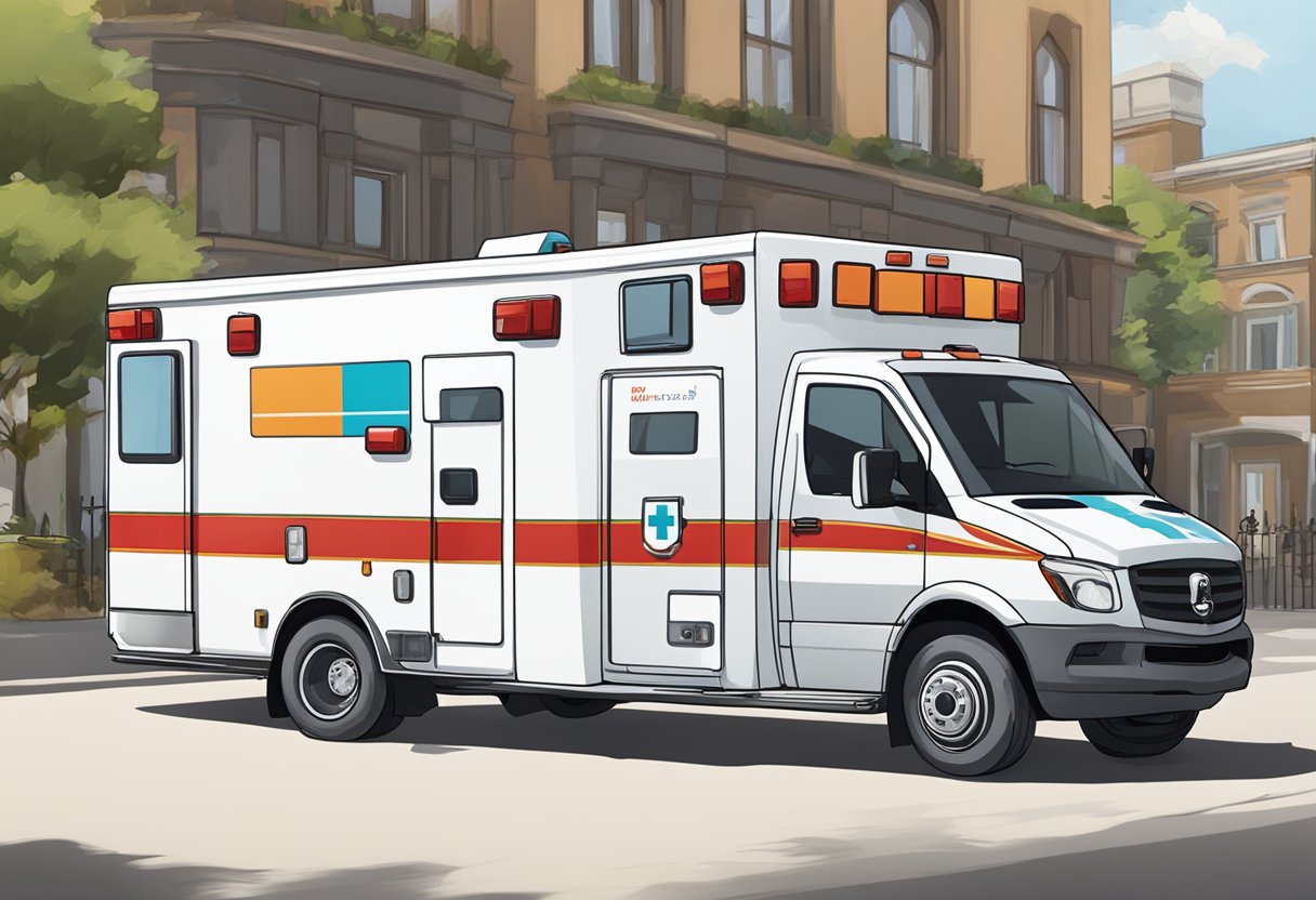 Uma ambulância estacionada em um local de evento, com documentos legais e regulatórios exibidos, e uma lista de preços visível