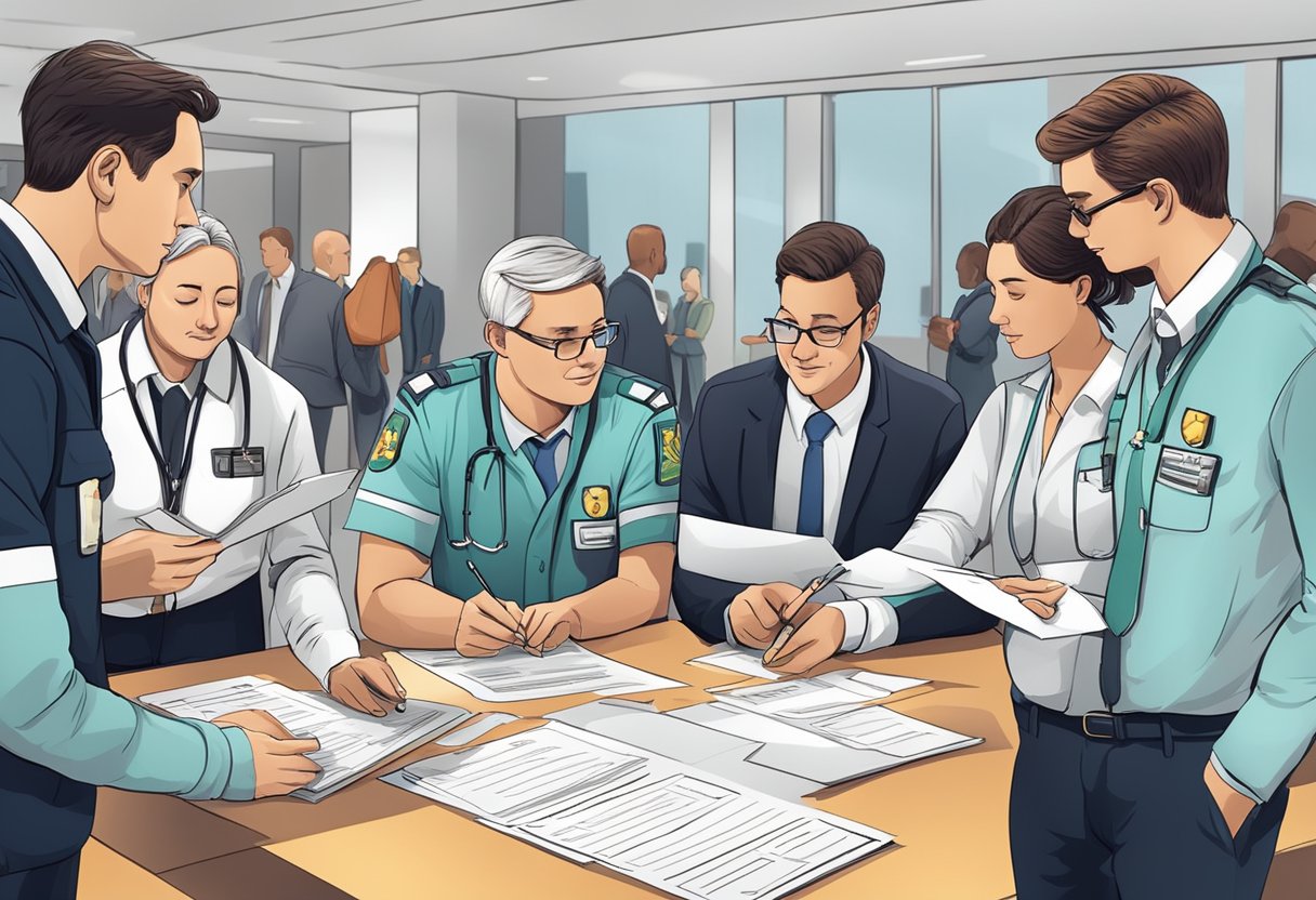Um grupo de pessoas discutindo e assinando documentos para serviços de ambulância em um evento, com uma lista de preços e contrato visíveis em uma mesa