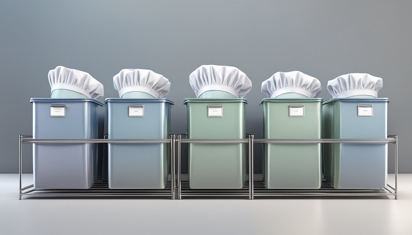 A row of clear stackable bins neatly organizing aprons and chef hats