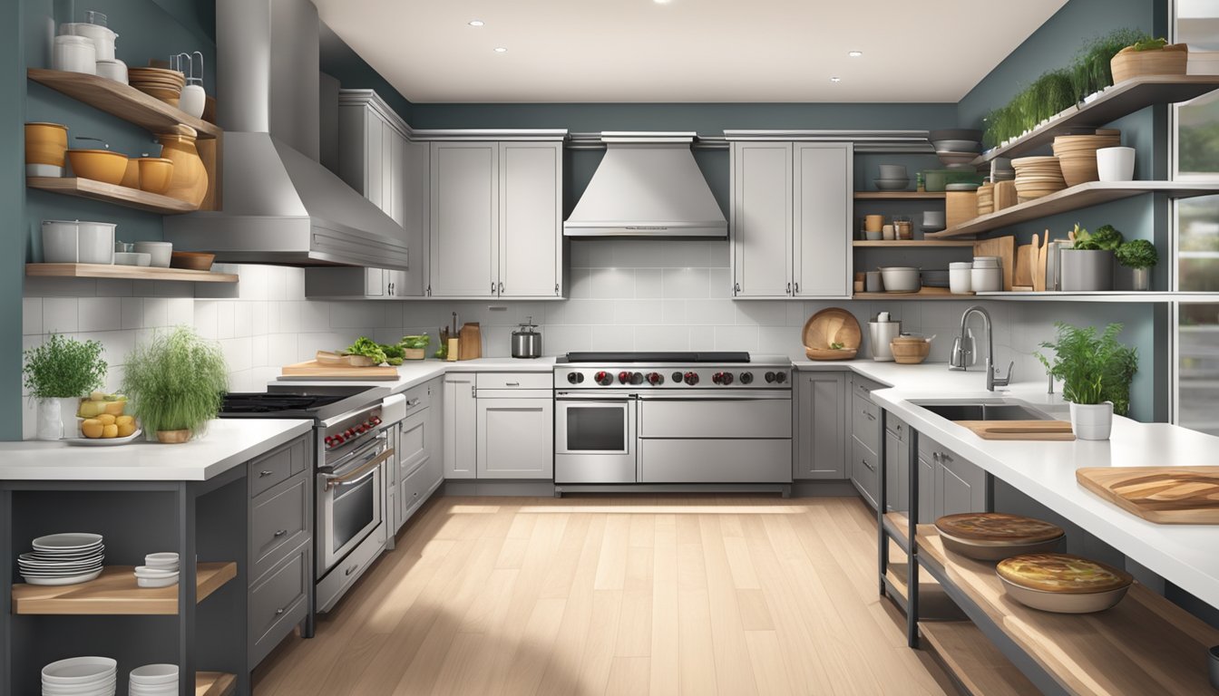 A spacious, organized kitchen with a central island housing a sleek, stainless steel pizza oven. Shelves neatly stocked with fresh ingredients and utensils ready for a dinner party