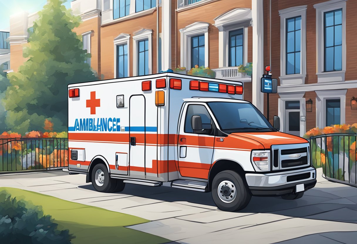 Uma ambulância estacionada do lado de fora de um local de evento, com equipamentos e suprimentos médicos organizados de forma ordenada dentro.