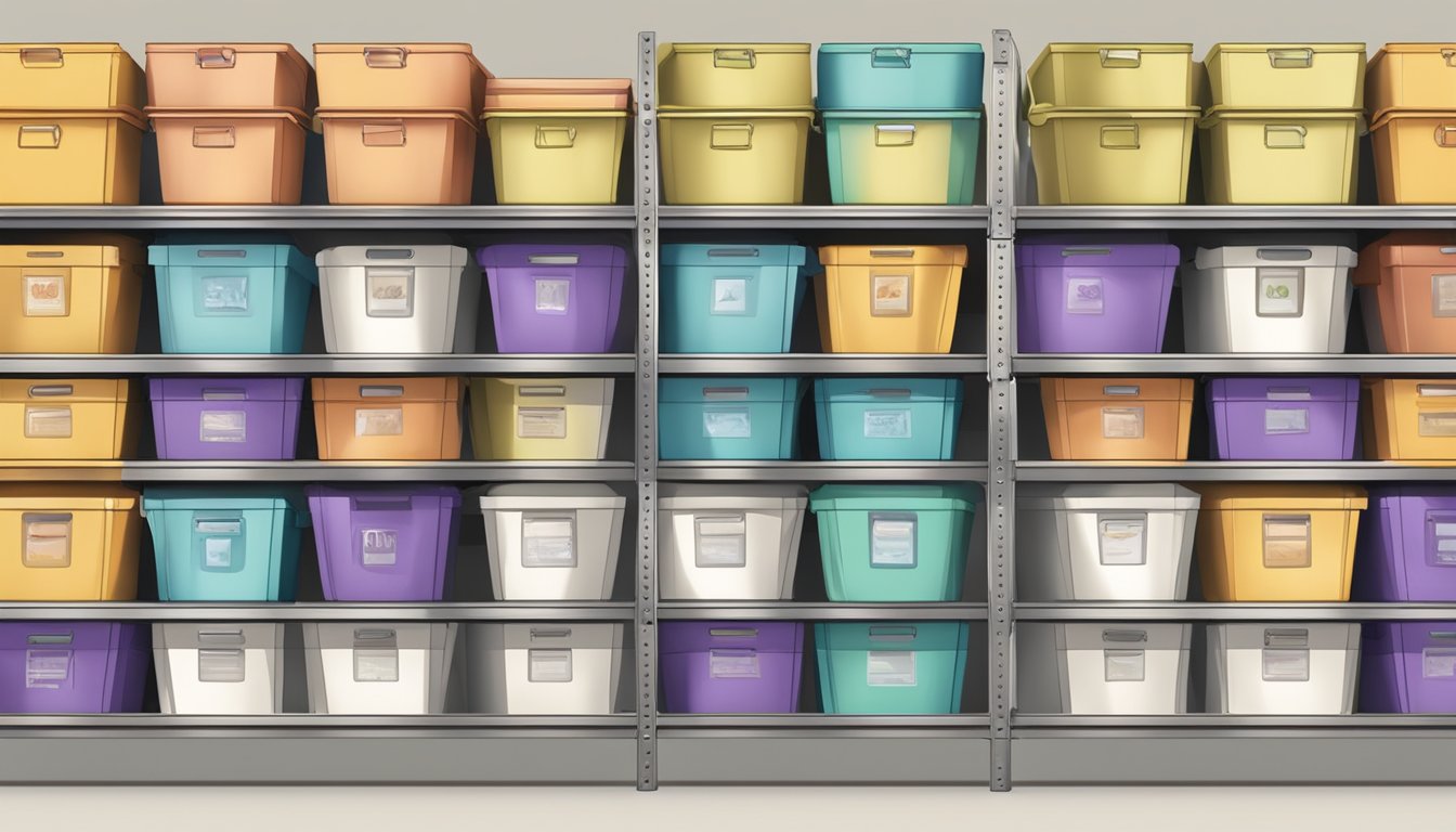 Colorful canvas bins neatly labeled for aprons and chef hats