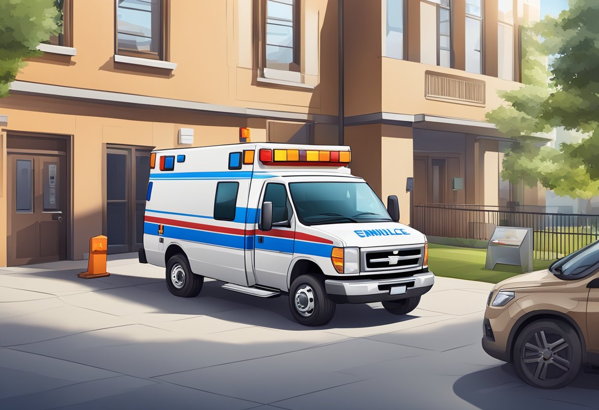 Uma ambulância estacionada do lado de fora de um local, com documentos financeiros e uma calculadora em uma mesa próxima.