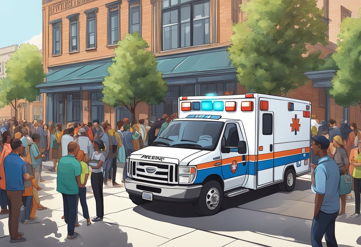 Uma ambulância estacionada do lado de fora de um local, com uma multidão de pessoas reunidas ao redor, enquanto a equipe do evento discute preços.