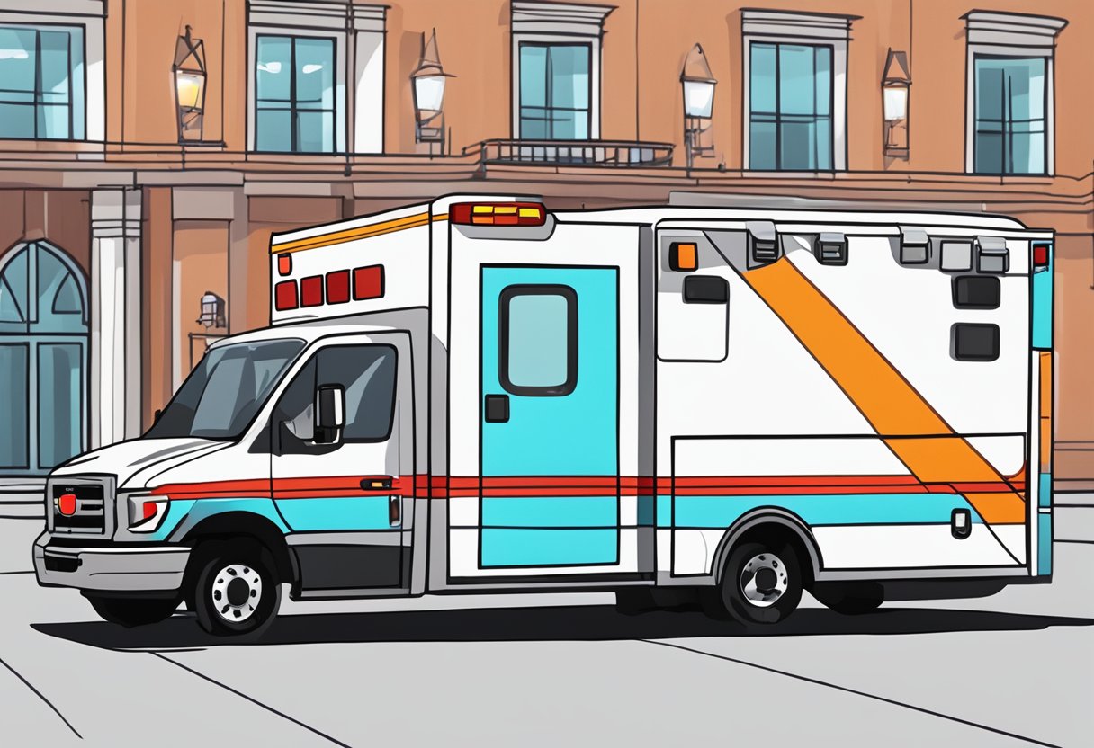 Uma ambulância estacionada em um local de evento, com suas luzes de emergência piscando e equipamentos médicos visíveis através das janelas.