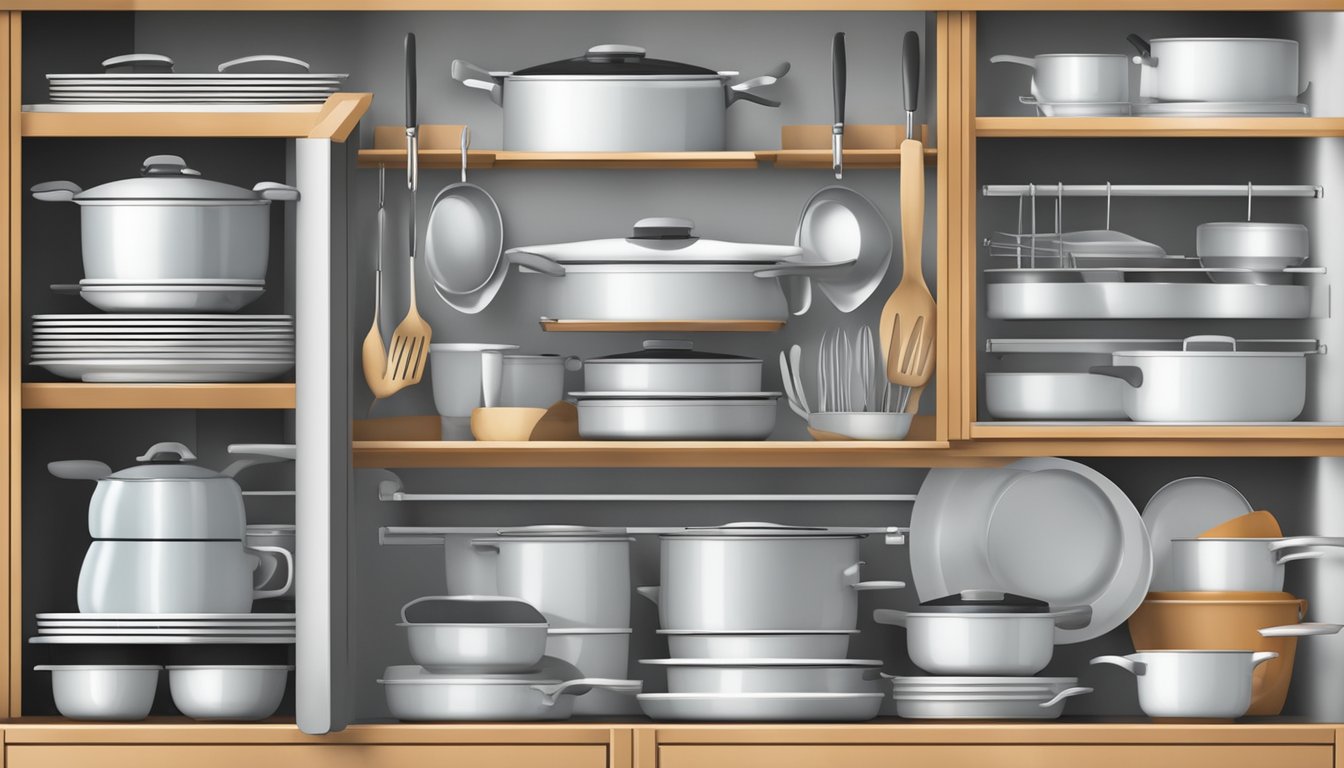 A sliding cabinet basket holds neatly folded aprons and chef hats, surrounded by neatly arranged kitchen utensils and cookware