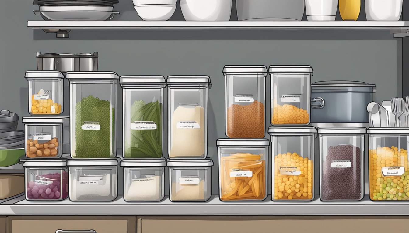 Clear storage containers neatly arranged with labeled ingredients, utensils, and serving ware next to a deep fryer in a organized kitchen