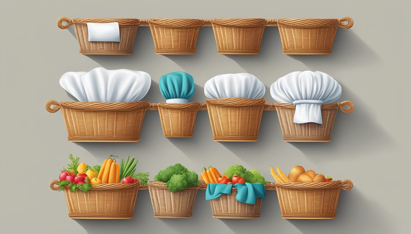 A row of wicker baskets with handles, each containing neatly folded aprons and chef hats