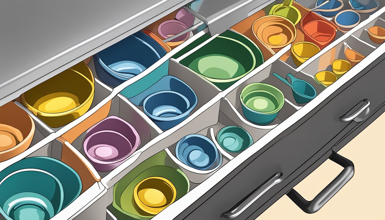 A kitchen drawer with neatly arranged measuring cups and spoons in an adjustable shelf organizer