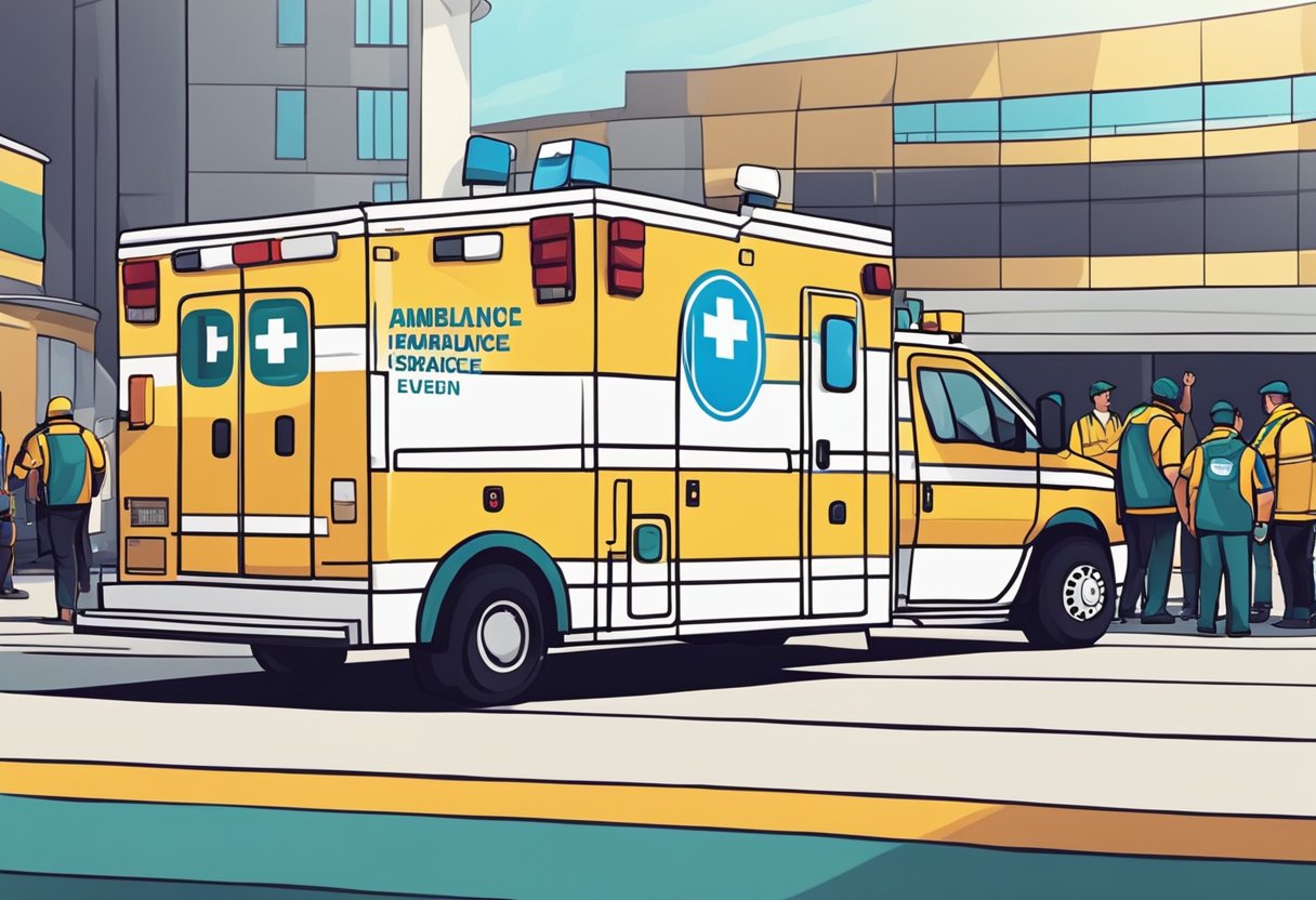 Uma ambulância estacionada do lado de fora de um local de evento esportivo, com paramédicos de prontidão, prontos para responder a qualquer emergência médica.